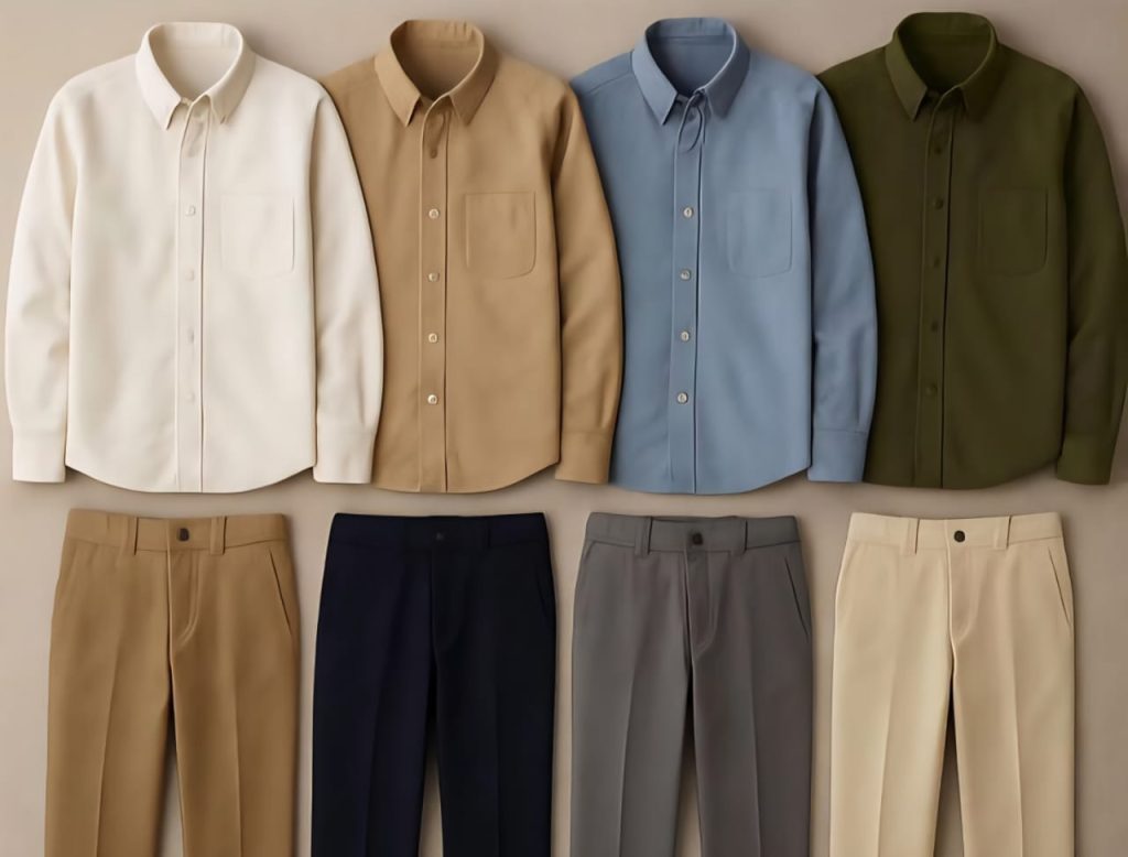 Flat lay of premium men’s shirts and trousers in natural fabrics like cotton and linen, displayed in timeless old money colors such as ivory, tan, sky blue, olive, navy, and beige.