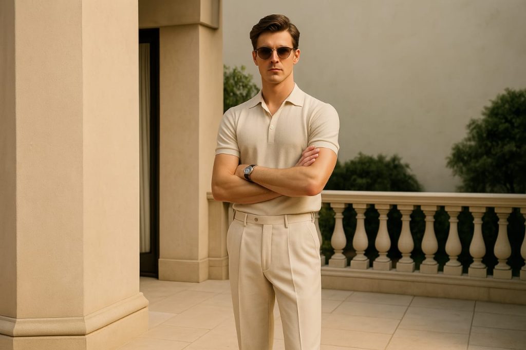 A slim man wearing fitted cream polo and pleated trousers showcasing old money fashion style