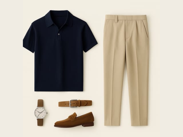 Olive collared knit polo with grey trousers, tan trench coat, brown belt, brown suede loafers, and minimalist black watch arranged in a flat lay fashion.