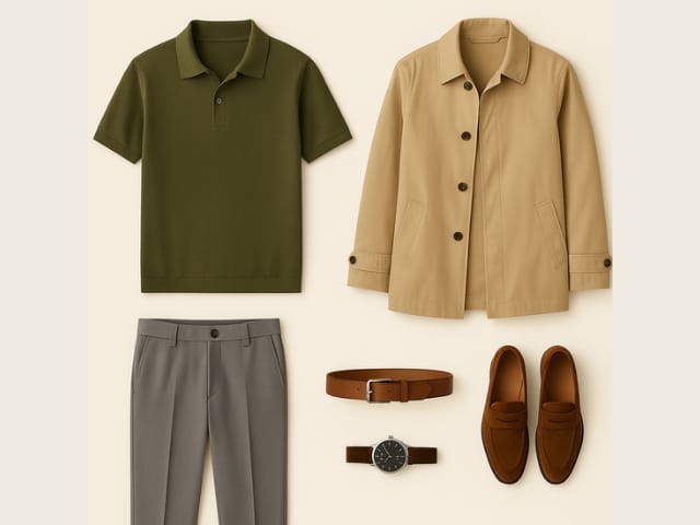 Navy knit polo paired with cream chinos, tan suede loafers, leather belt, and silver minimalist watch, all laid flat in a neutral-toned setting.