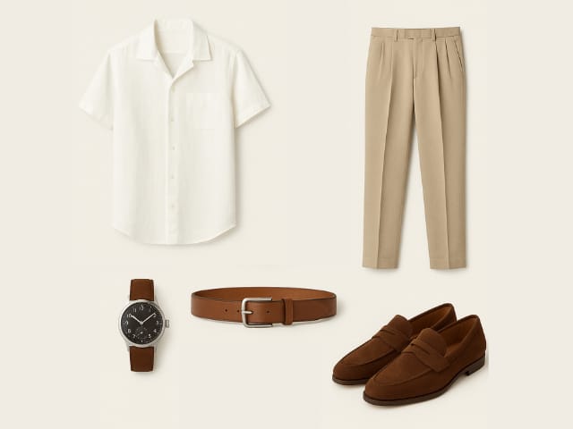 White half-sleeve linen shirt with beige pleated trousers, brown suede loafers, leather strap watch, and classic brown belt laid flat against a neutral background.